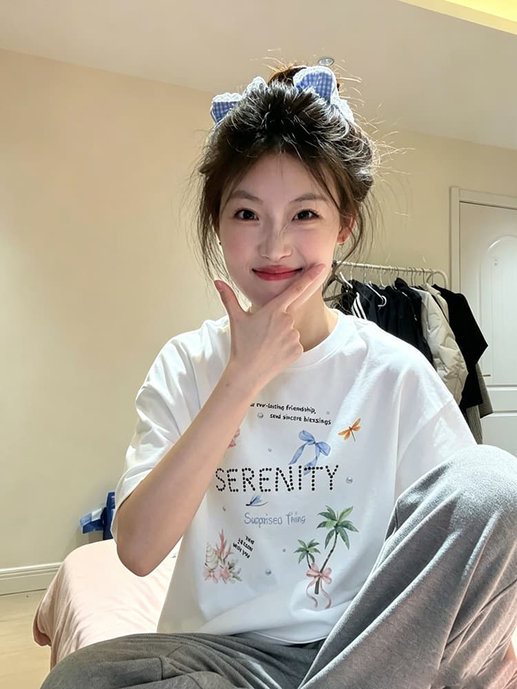 아메리칸 레트로 순면 빗질하다 닫기 프린트 반팔 티셔츠 여성 이미지 4