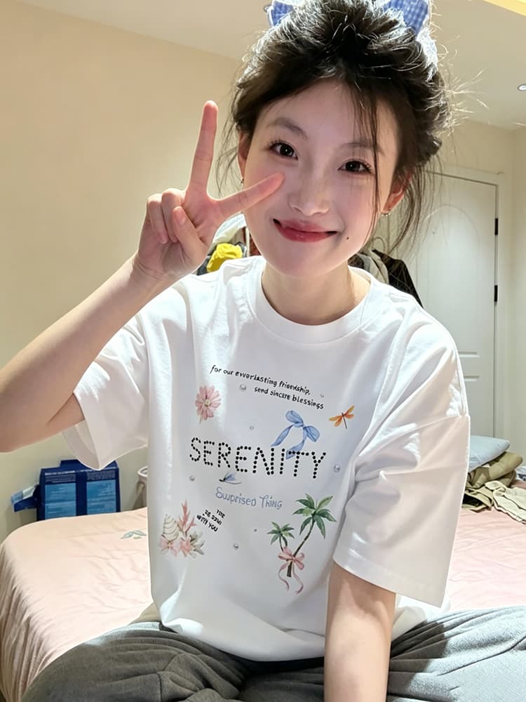 아메리칸 레트로 순면 빗질하다 닫기 프린트 반팔 티셔츠 여성 상세 이미지 1