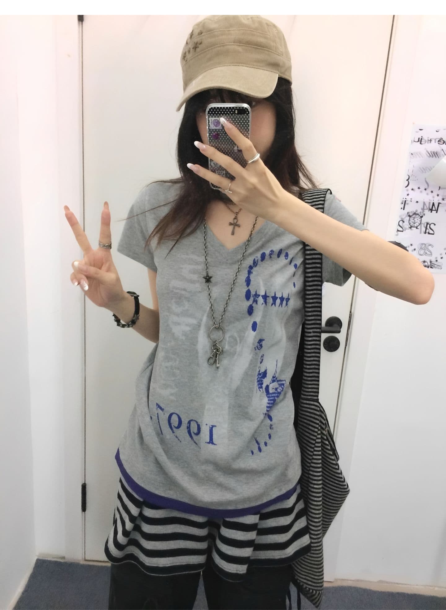 아메리칸 레트로 순면 패치워크 색상 V넥 몸매 가꾸기 맨위 상세 이미지 4