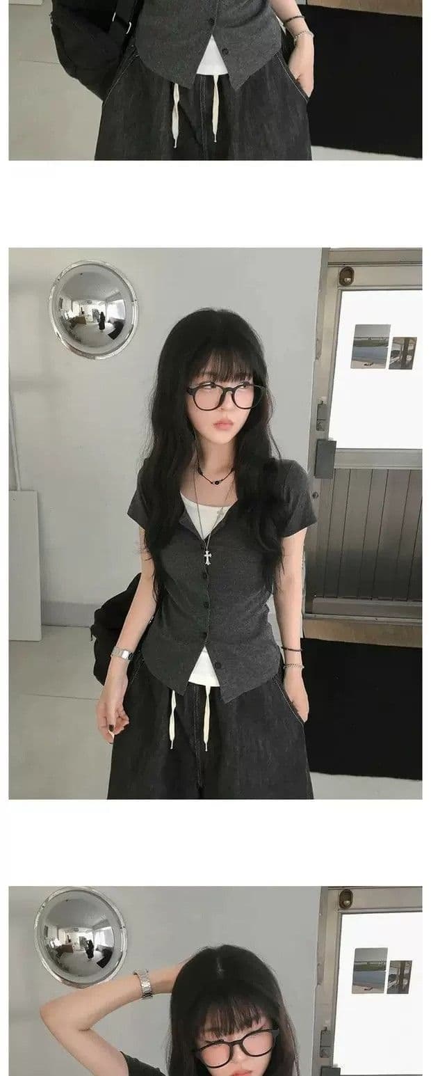 40 순면 한 부서 학원 스타일 배색 페이크 레이어드 몸매 가꾸기 다용도 반팔 티셔츠 여성 여름 상세 이미지 7