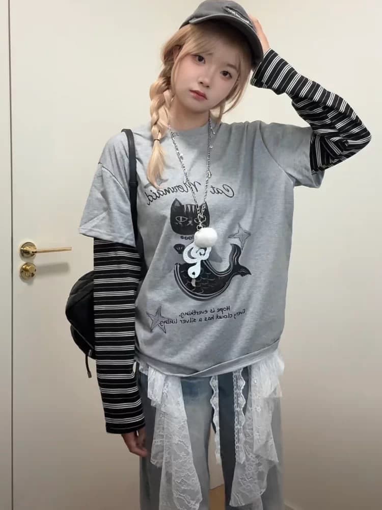 40 순면 빗질하다 닫기 원본 솜씨 한국 스타일 새로운 긴팔 패치워크 페이크 레이어드 맨위 여성 가을 새로운 상세 이미지 1