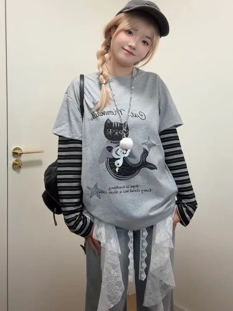 40 순면 빗질하다 닫기 원본 솜씨 한국 스타일 새로운 긴팔 패치워크 페이크 레이어드 맨위 여성 가을 새로운 상세 이미지 3