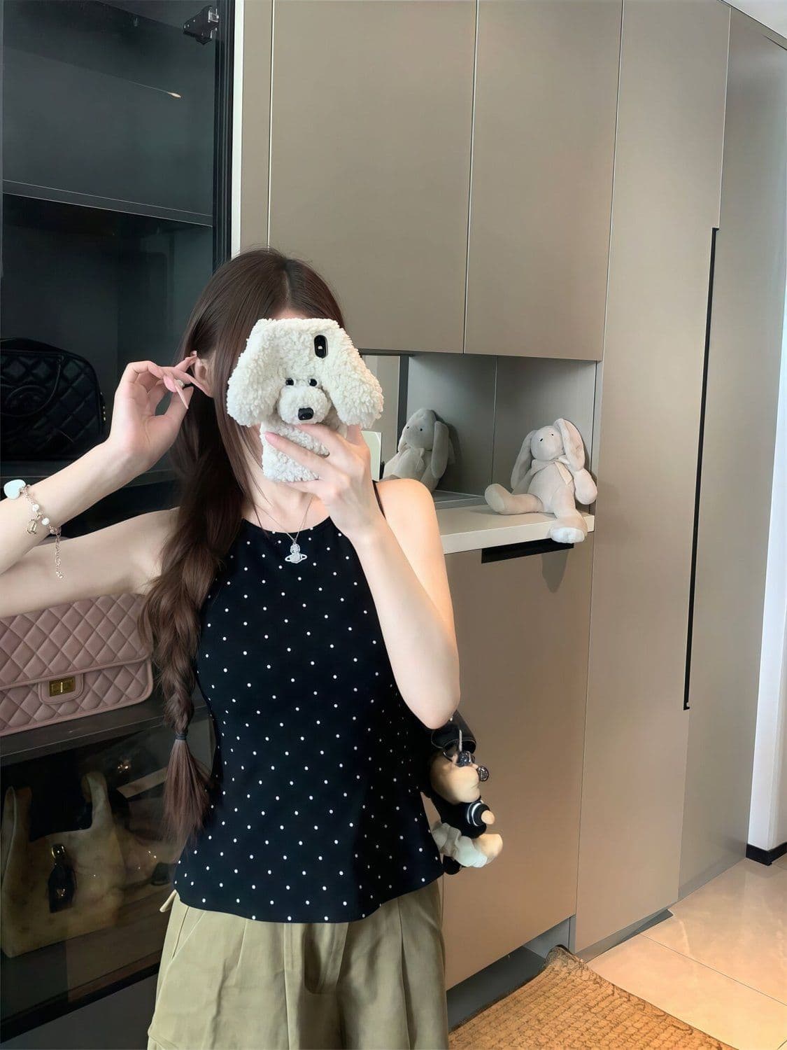 260 그램 사람들 면 모달 뒤로 홀로우 아웃 스트랩 도트 무늬 프린트 민소매 티셔츠 여성 몸매 가꾸기 인사이드 잡아라. 의류 상세 이미지 5