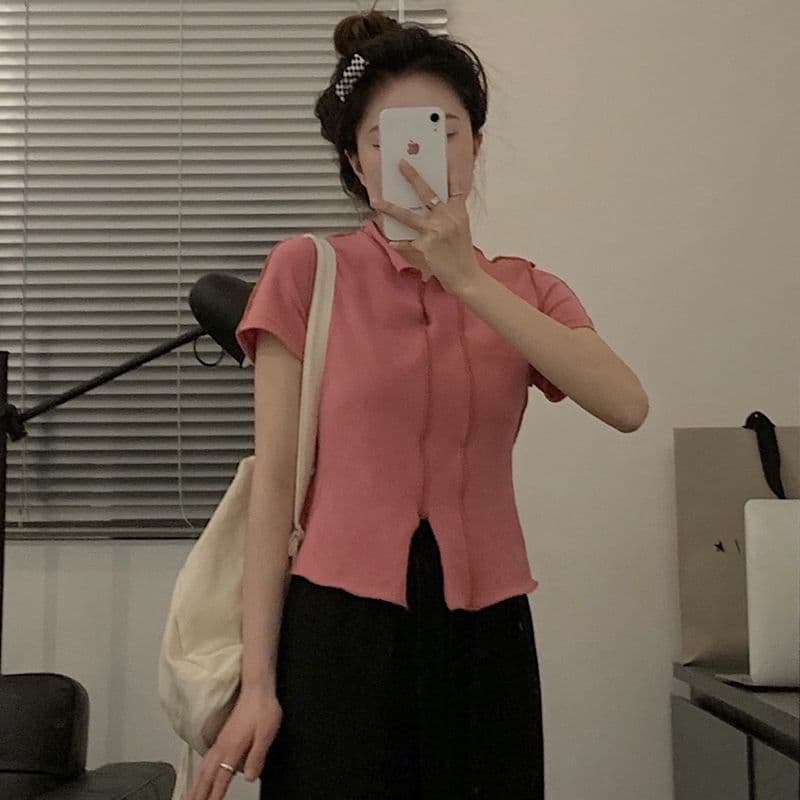a4 허리 디자인 센스 핫걸 작은 트임 슬림해 보이는 명시적 스티치 작은 V넥 티셔츠 여성 디스플레이 화이트 반팔 맨위 이미지 4