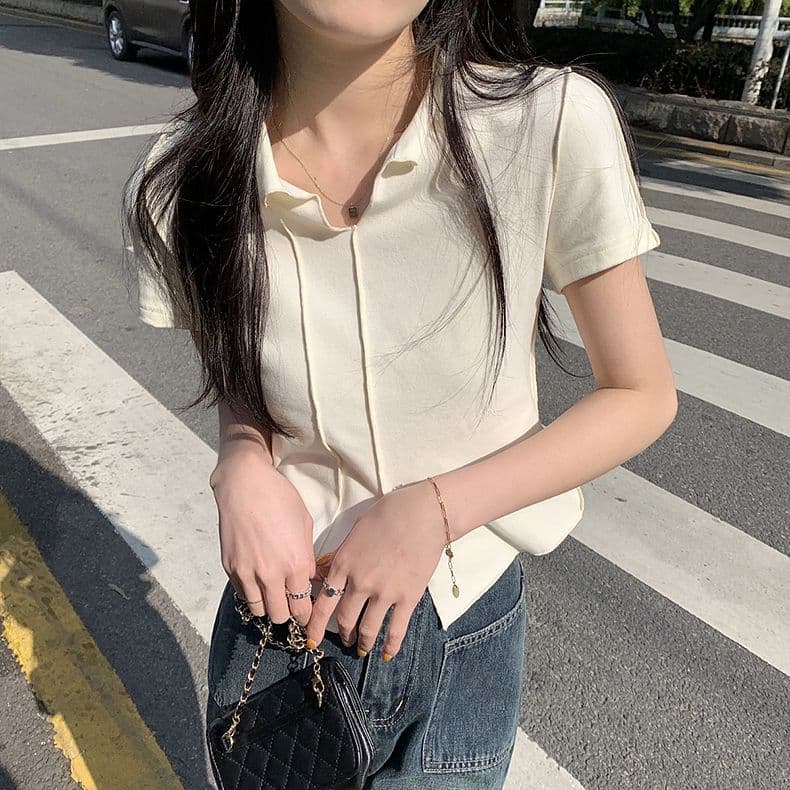a4 허리 디자인 센스 핫걸 작은 트임 슬림해 보이는 명시적 스티치 작은 V넥 티셔츠 여성 디스플레이 화이트 반팔 맨위 상세 이미지 9