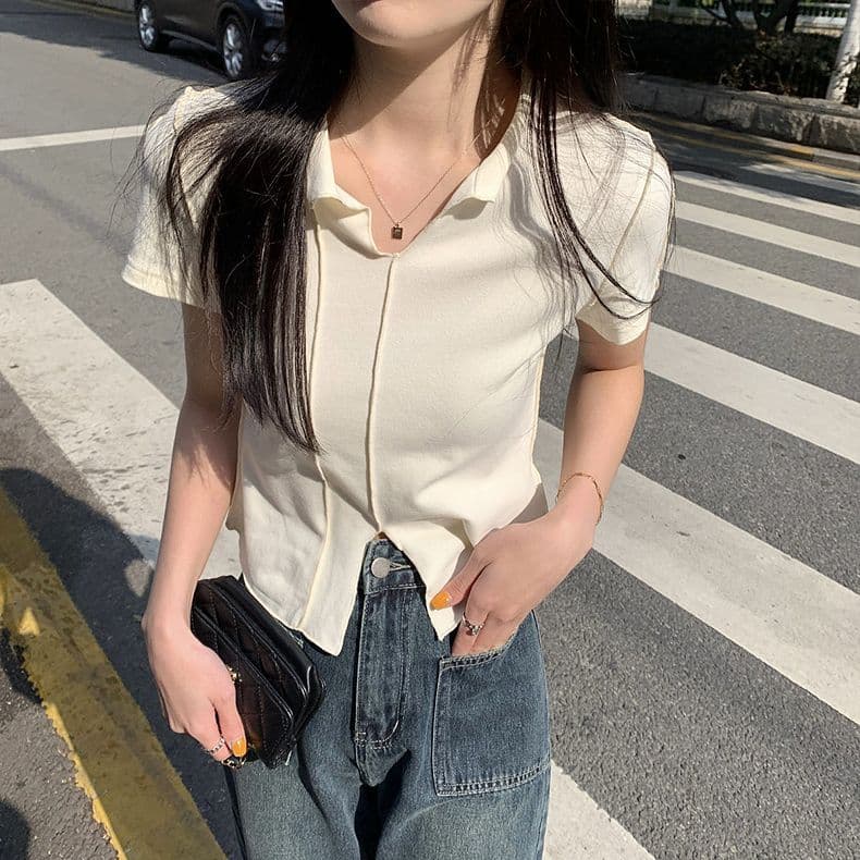 a4 허리 디자인 센스 핫걸 작은 트임 슬림해 보이는 명시적 스티치 작은 V넥 티셔츠 여성 디스플레이 화이트 반팔 맨위 상세 이미지 10