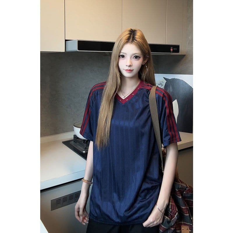 원본 솜씨 원본 원단 아메리칸 운동 섹션 V넥 반팔 스트라이프 작은 대중 해체 티셔츠 남녀 커플 여름 상세 이미지 1