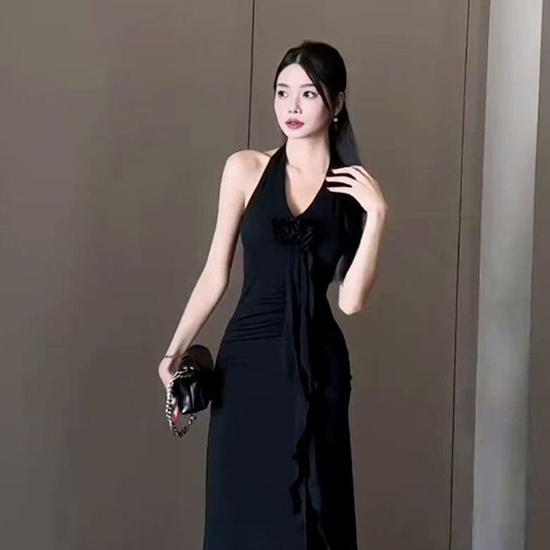 프랑스식 우아함 빨간색 행침 목 슬립 여성 드레스 여름 새로운 핫걸 섹시함 백리스 품격 허리 수축 롱 스커트 이미지 3