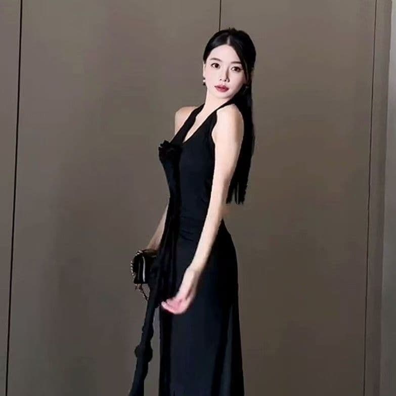 프랑스식 우아함 빨간색 행침 목 슬립 여성 드레스 여름 새로운 핫걸 섹시함 백리스 품격 허리 수축 롱 스커트 이미지 2