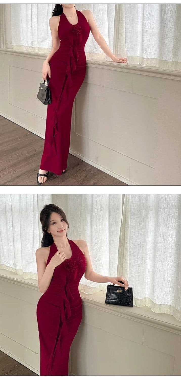 프랑스식 우아함 빨간색 행침 목 슬립 여성 드레스 여름 새로운 핫걸 섹시함 백리스 품격 허리 수축 롱 스커트 상세 이미지 2