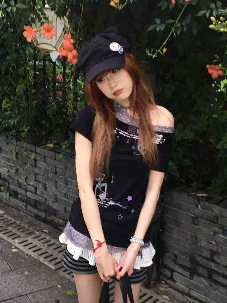 페이크 레이어드 배색 도트 무늬 프린트 비스듬한 어깨 반팔 티셔츠 여성 몸매 가꾸기 맨위 상세 이미지 5