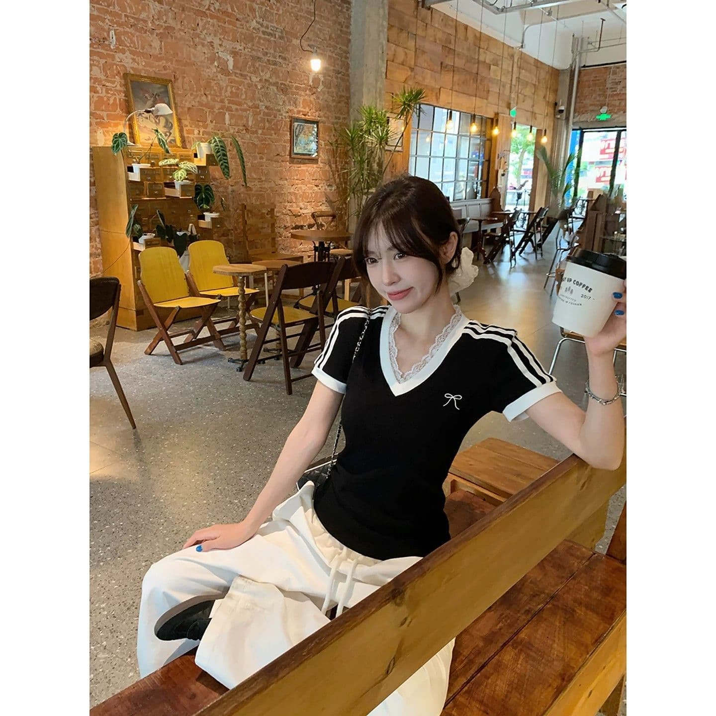 원본 이미지 40 순면 아메리칸 V넥 허리 수축 반팔 여성 Z아 어깨 몸매 가꾸기 검정색 다용도 티셔츠 이미지 3
