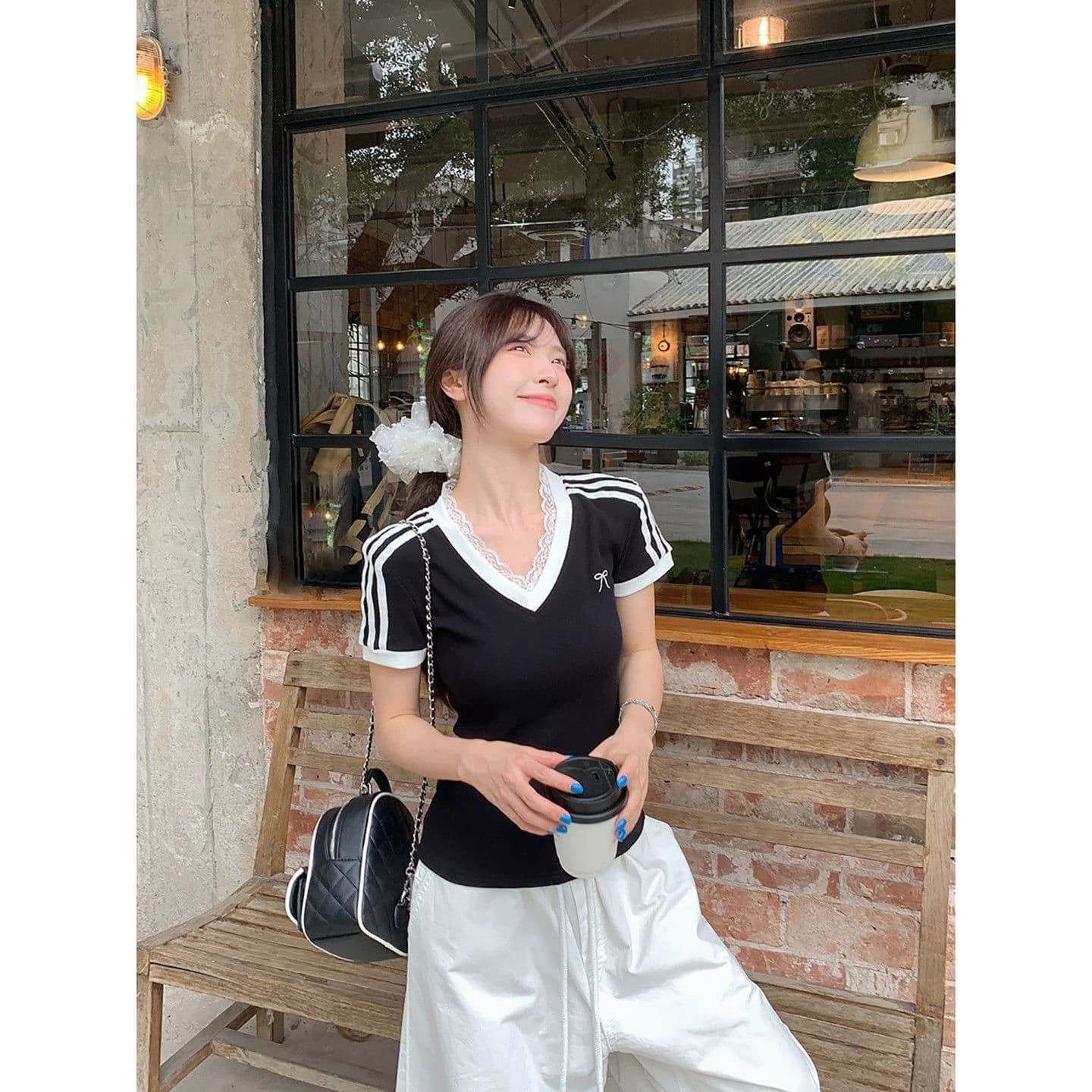 원본 이미지 40 순면 아메리칸 V넥 허리 수축 반팔 여성 Z아 어깨 몸매 가꾸기 검정색 다용도 티셔츠 이미지 4