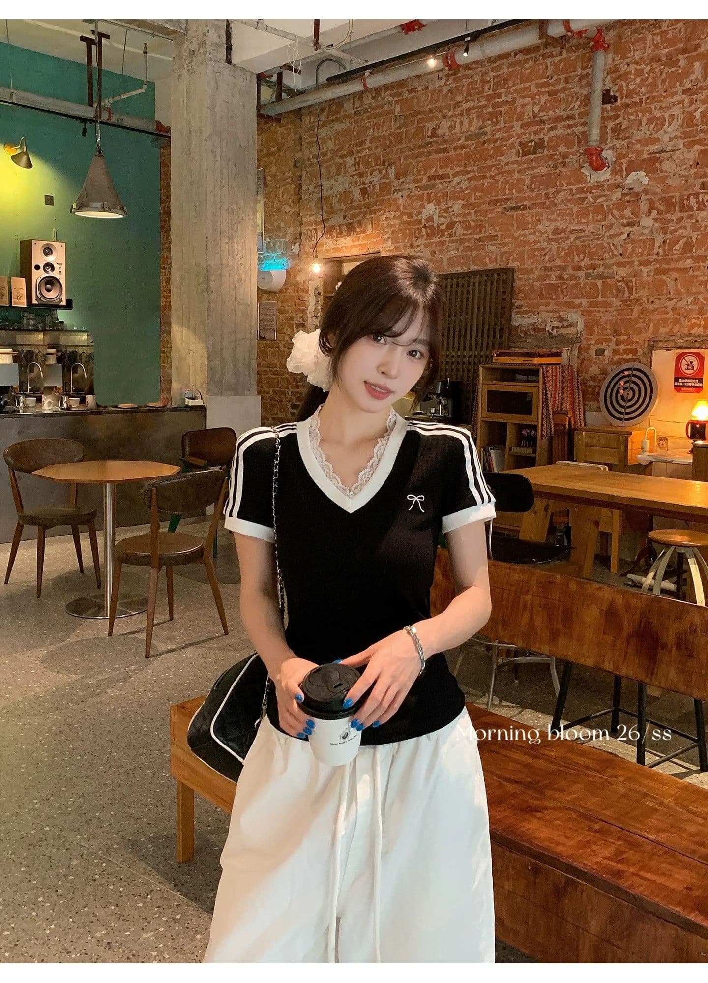 원본 이미지 40 순면 아메리칸 V넥 허리 수축 반팔 여성 Z아 어깨 몸매 가꾸기 검정색 다용도 티셔츠 상세 이미지 1