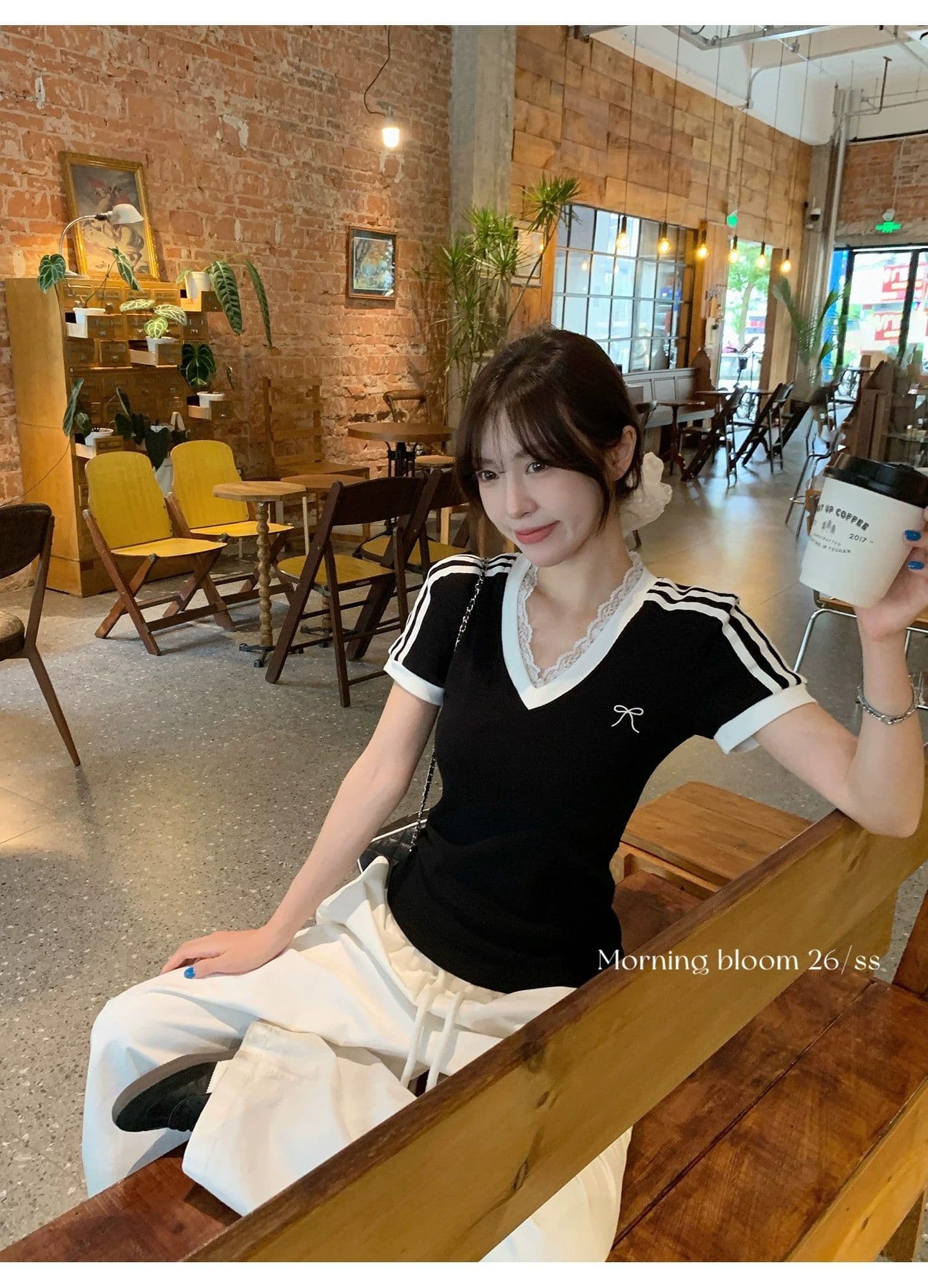 원본 이미지 40 순면 아메리칸 V넥 허리 수축 반팔 여성 Z아 어깨 몸매 가꾸기 검정색 다용도 티셔츠 상세 이미지 2