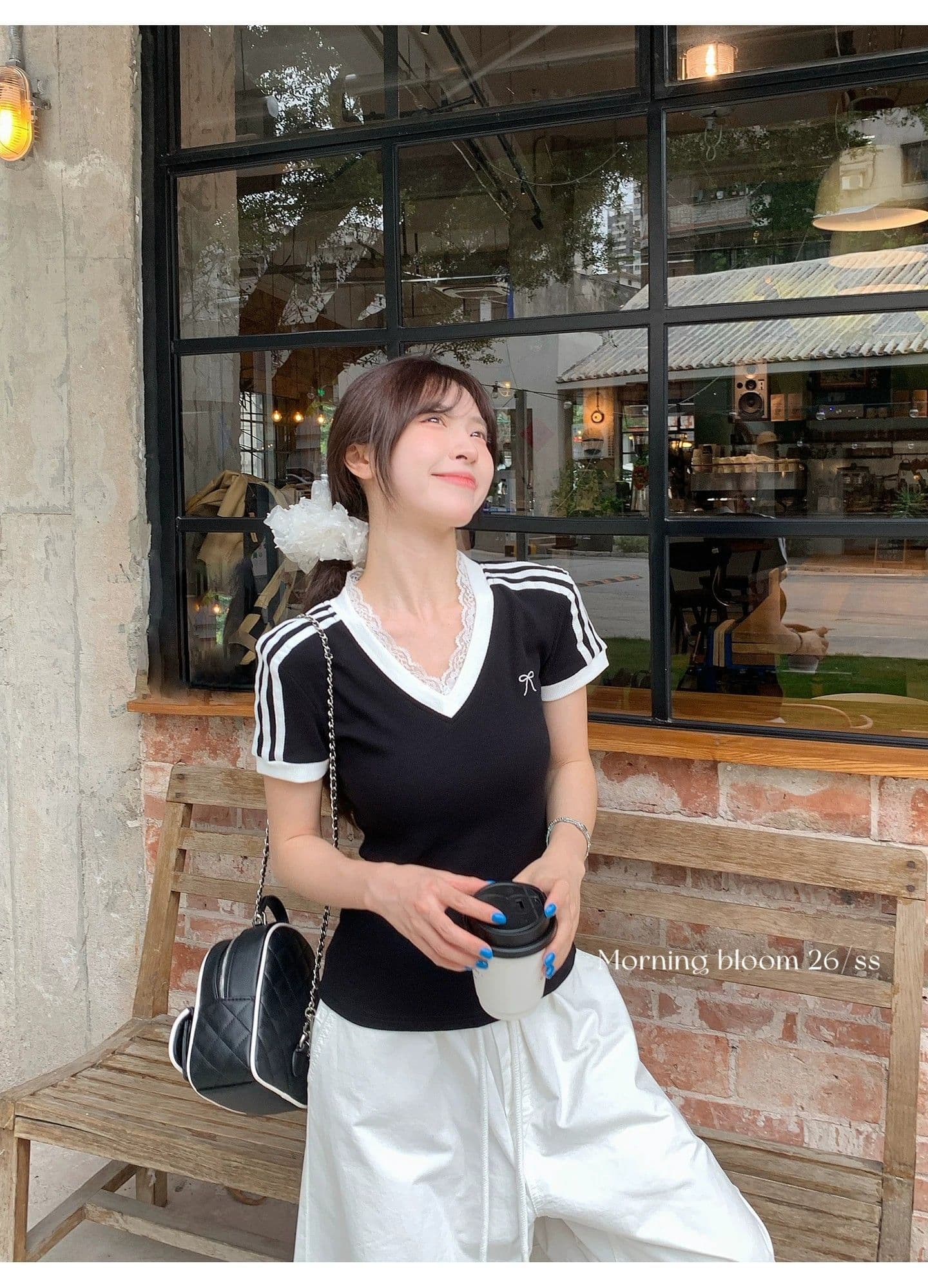 원본 이미지 40 순면 아메리칸 V넥 허리 수축 반팔 여성 Z아 어깨 몸매 가꾸기 검정색 다용도 티셔츠 상세 이미지 4