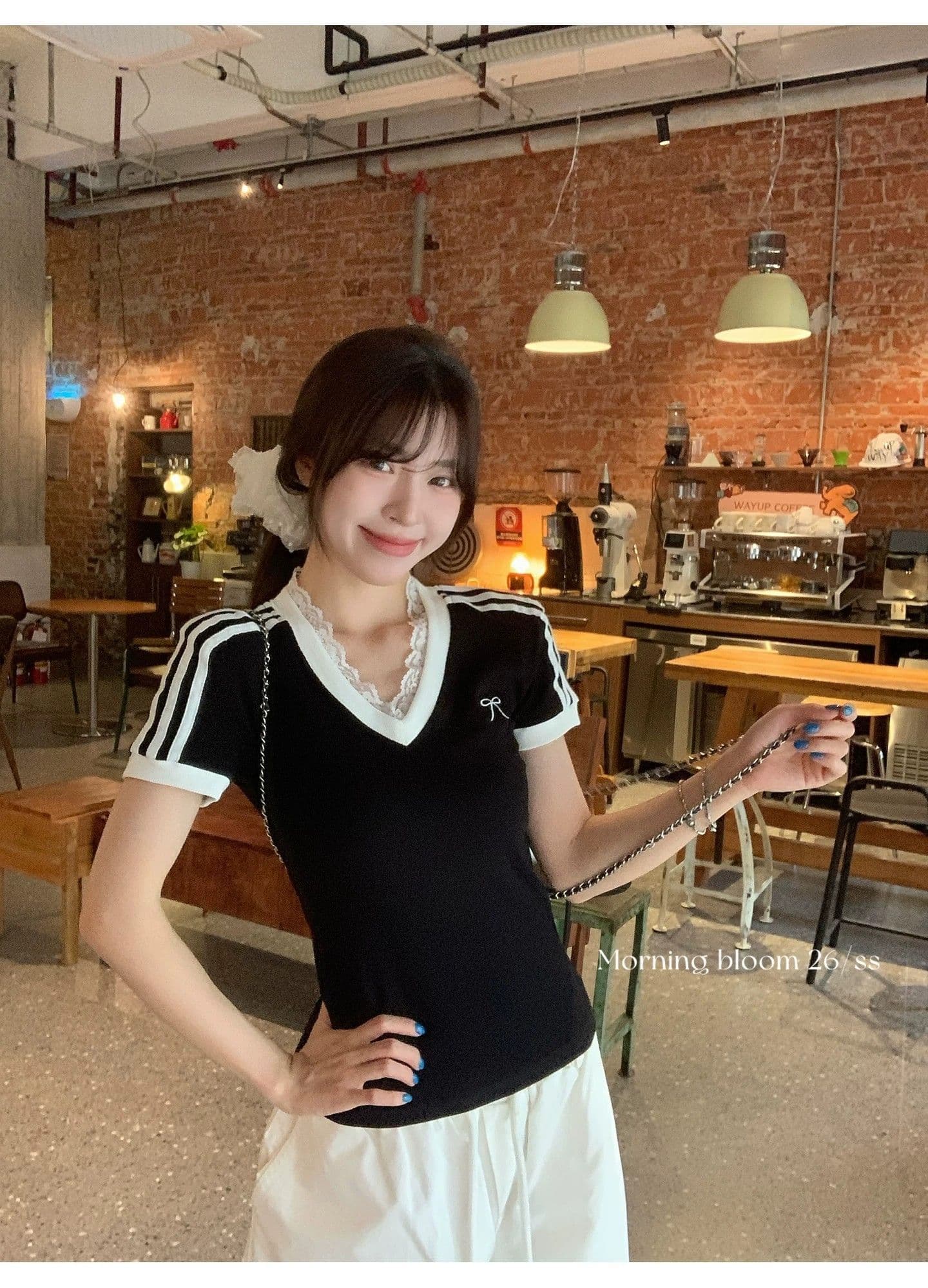 원본 이미지 40 순면 아메리칸 V넥 허리 수축 반팔 여성 Z아 어깨 몸매 가꾸기 검정색 다용도 티셔츠 상세 이미지 5