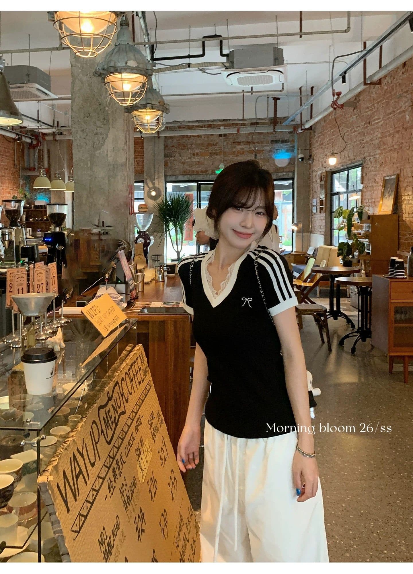 원본 이미지 40 순면 아메리칸 V넥 허리 수축 반팔 여성 Z아 어깨 몸매 가꾸기 검정색 다용도 티셔츠 상세 이미지 6