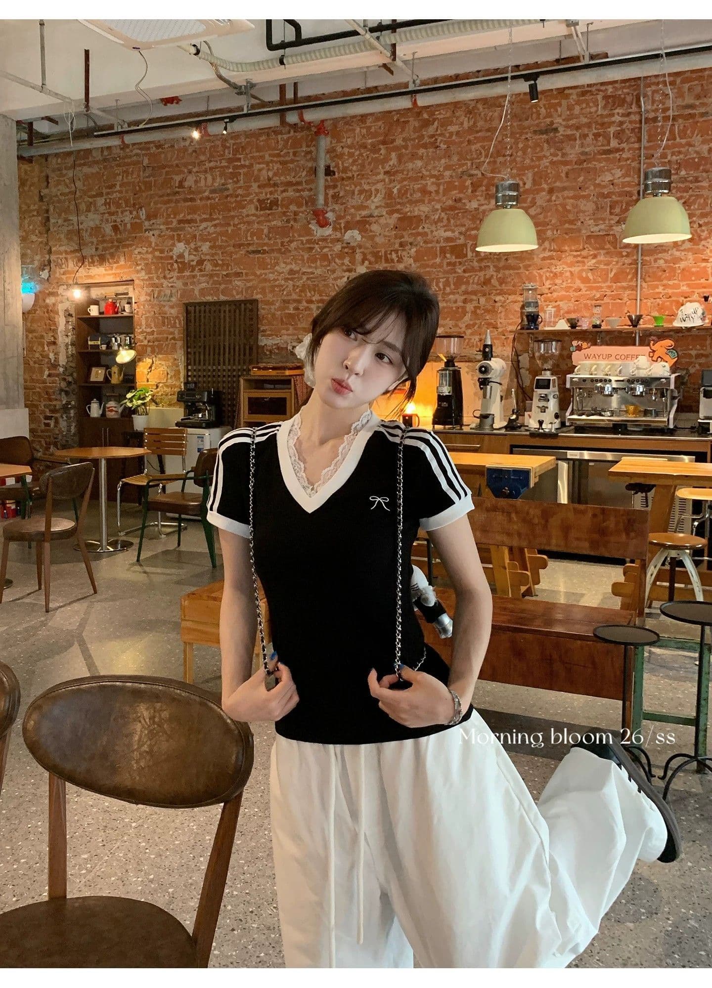 원본 이미지 40 순면 아메리칸 V넥 허리 수축 반팔 여성 Z아 어깨 몸매 가꾸기 검정색 다용도 티셔츠 상세 이미지 9
