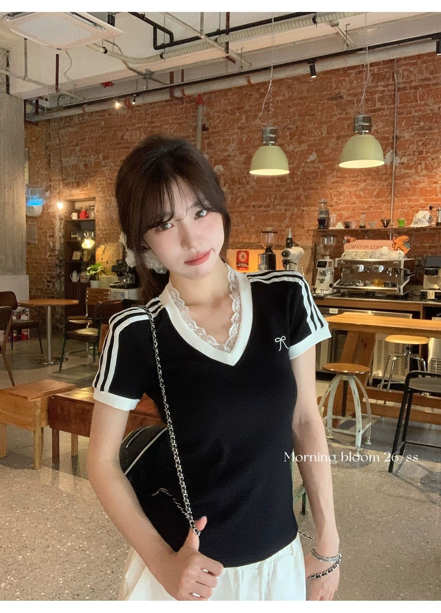 원본 이미지 40 순면 아메리칸 V넥 허리 수축 반팔 여성 Z아 어깨 몸매 가꾸기 검정색 다용도 티셔츠 상세 이미지 10