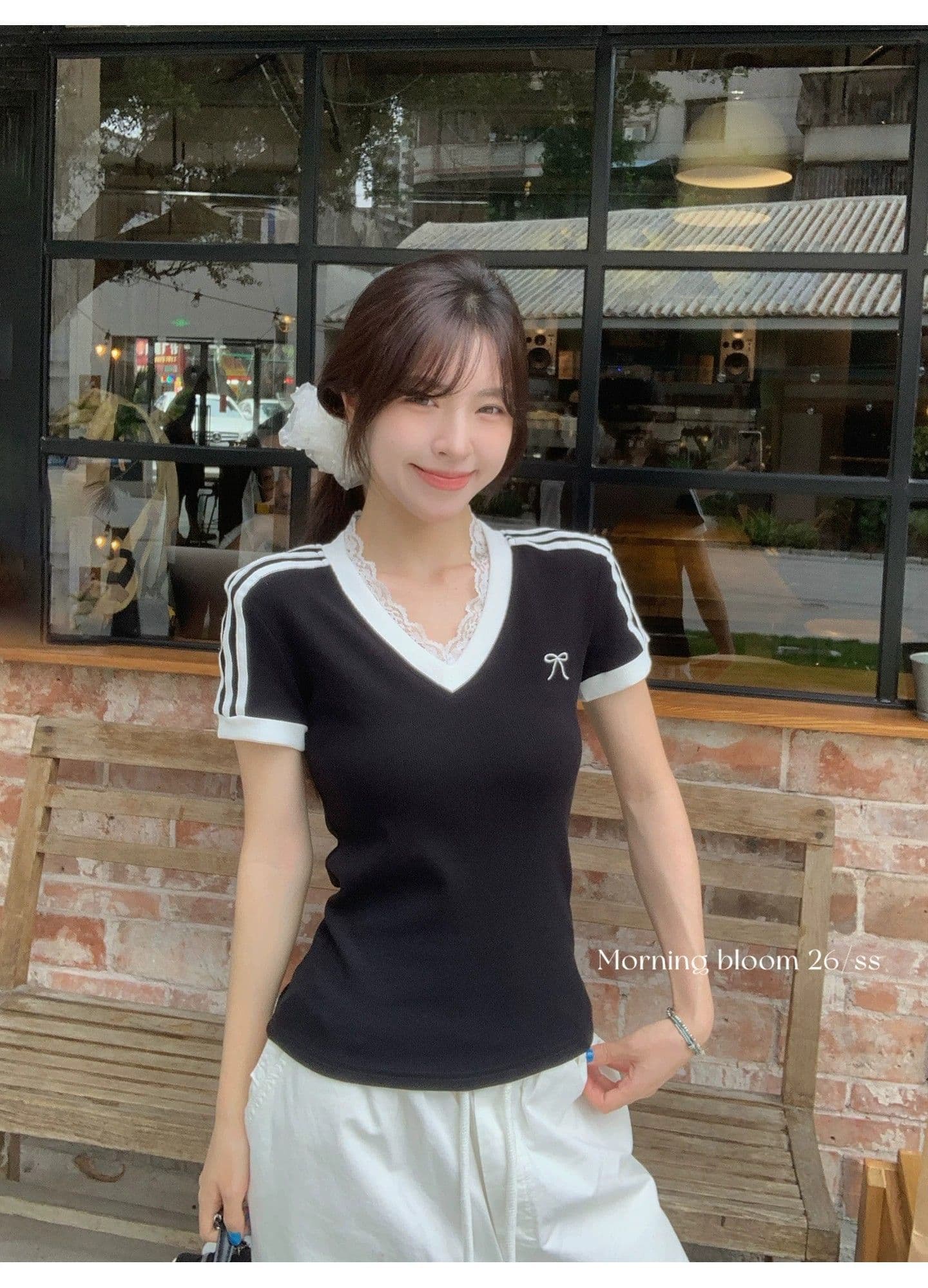 원본 이미지 40 순면 아메리칸 V넥 허리 수축 반팔 여성 Z아 어깨 몸매 가꾸기 검정색 다용도 티셔츠 상세 이미지 11