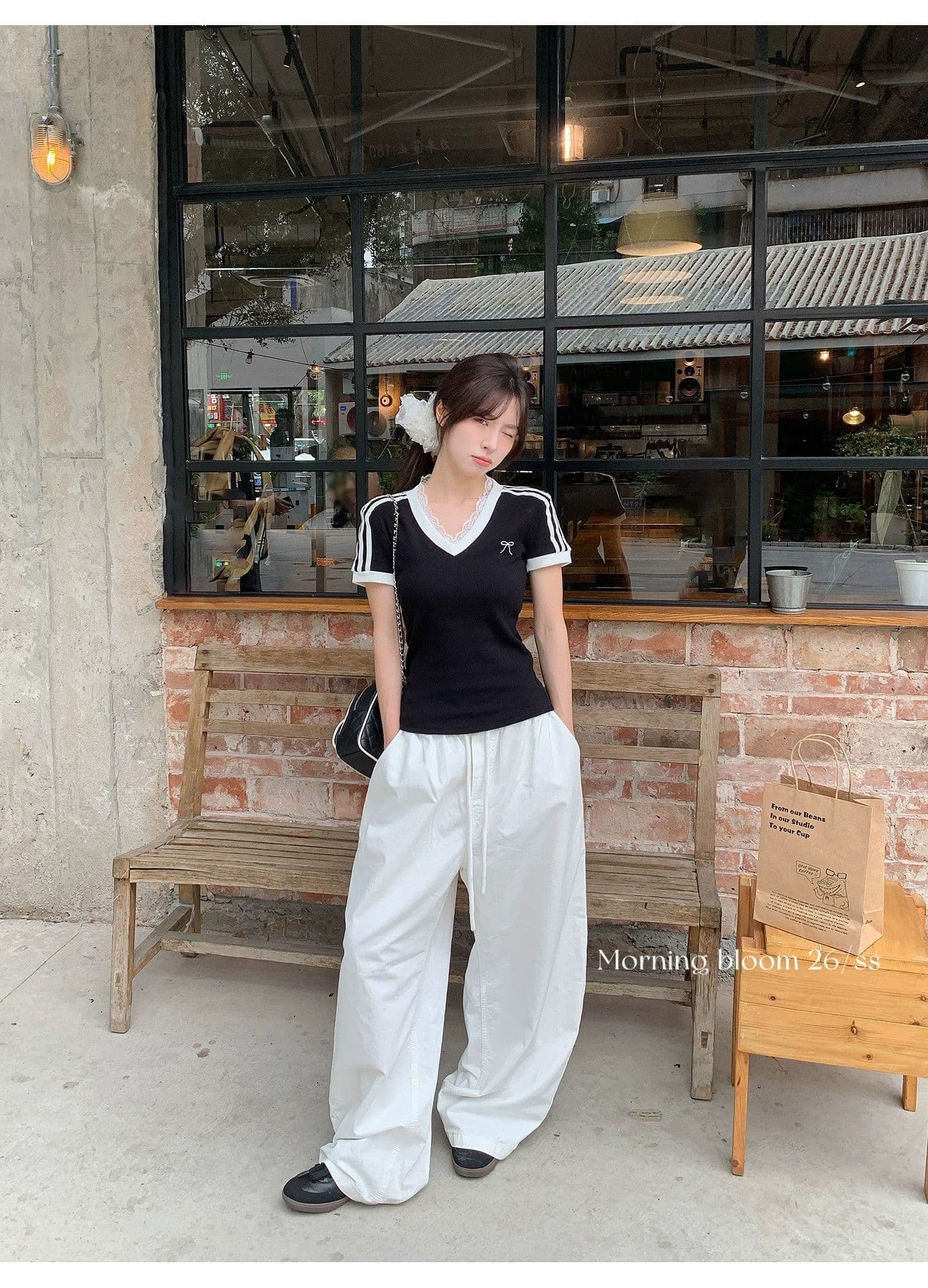 원본 이미지 40 순면 아메리칸 V넥 허리 수축 반팔 여성 Z아 어깨 몸매 가꾸기 검정색 다용도 티셔츠 상세 이미지 12