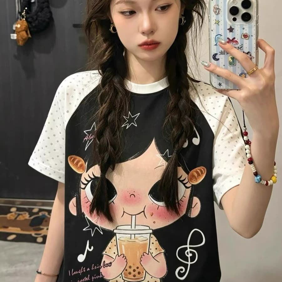 비 프린트 원본 스트레이트 스프레이 에디션 220 그램 92 면 8 암모니아 Lun 삽입 어깨 소매 반팔 이미지 5