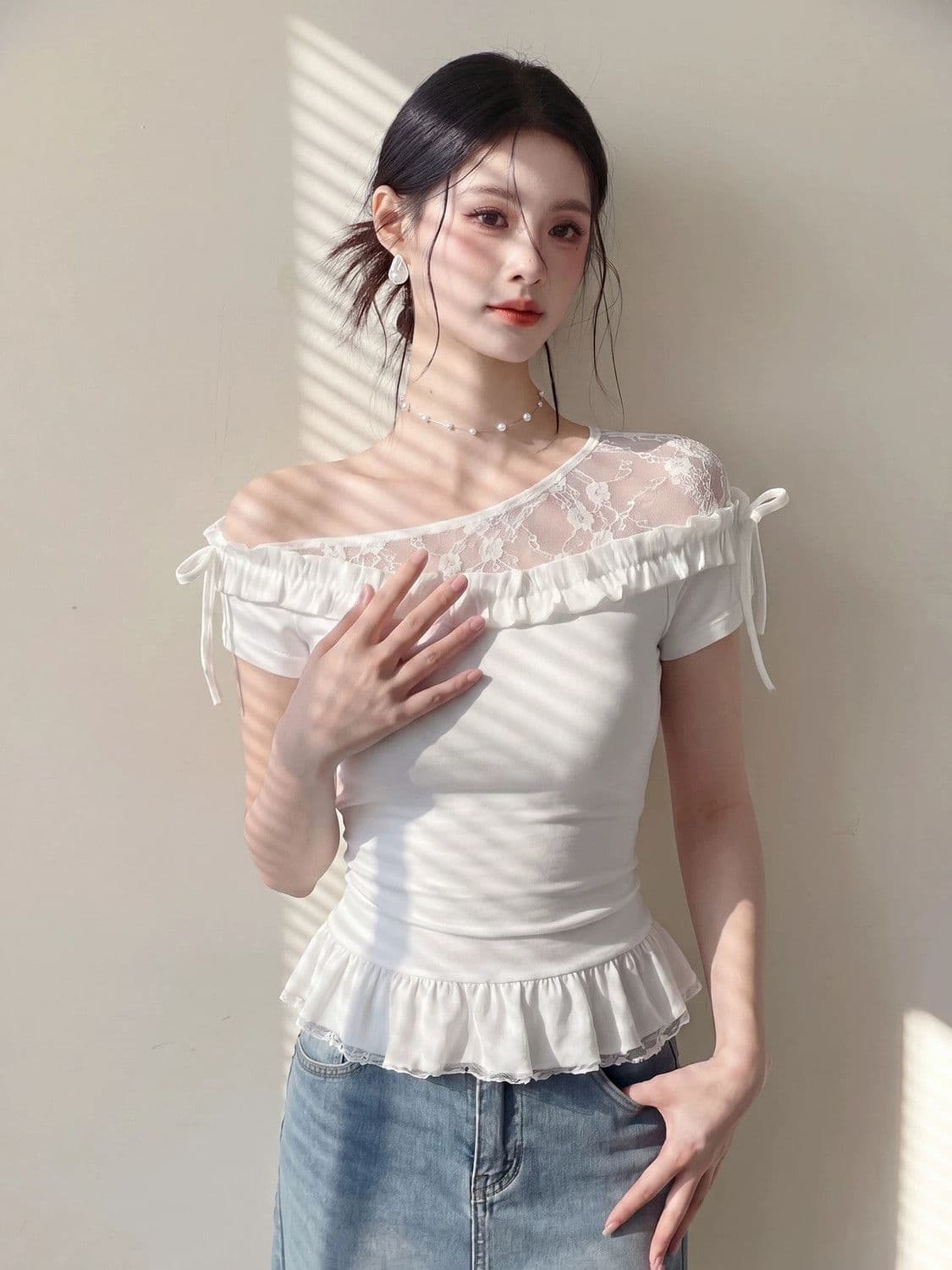 40 차가운 실크 코튼 원본 것 레이스 여름 디자인 패치워크 몸매 가꾸기 슬림해 보이는 순수한 욕망 새로운 핫걸 티셔츠 이미지 3