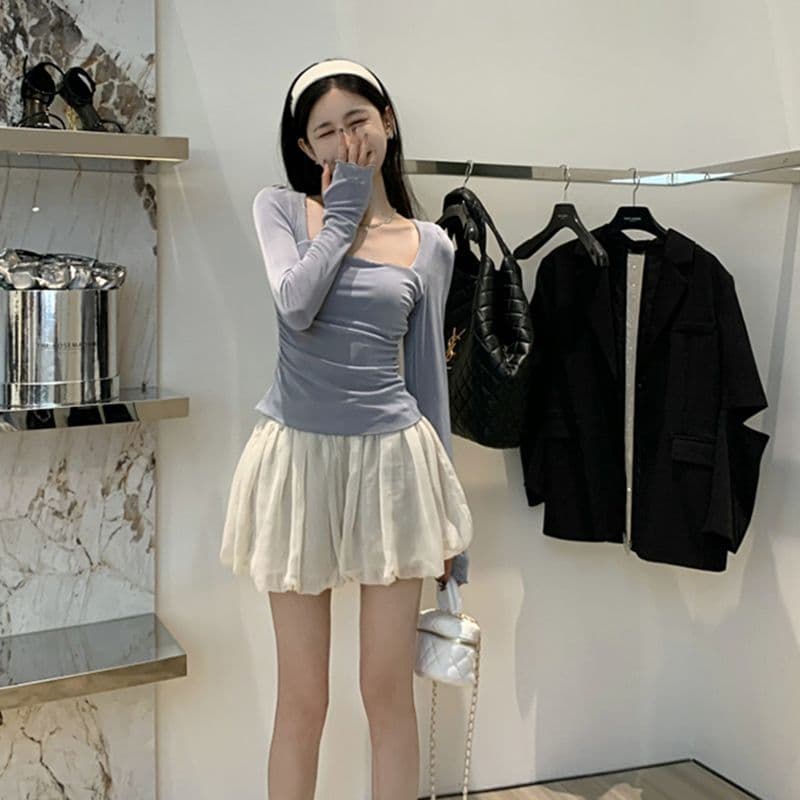 티셔츠 여성 봄 가을 핫걸 광장 칼라 타이트 주름 슬림해 보이는 2026 새로운 순수한 욕망 바람 긴팔 맨위 이미지 3