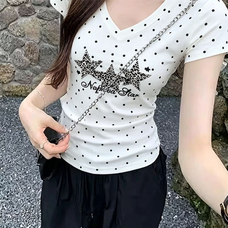 아메리칸 레트로 순면 몸매 가꾸기 슬림해 보이는 긍정적 인 어깨 반팔 티셔츠 여성 여름 도트 무늬 이미지 4