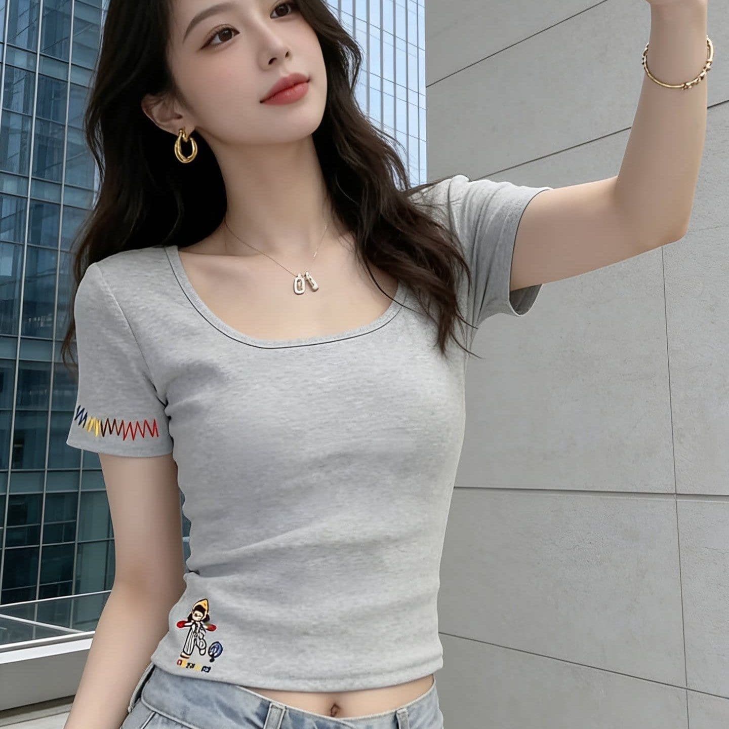 40 순면 210 그램 한 부서 핫걸 u 칼라 티셔츠 여성용 짧은 소매 여름 작은 키 수리 쇼트 스타일 맨위 이미지 2