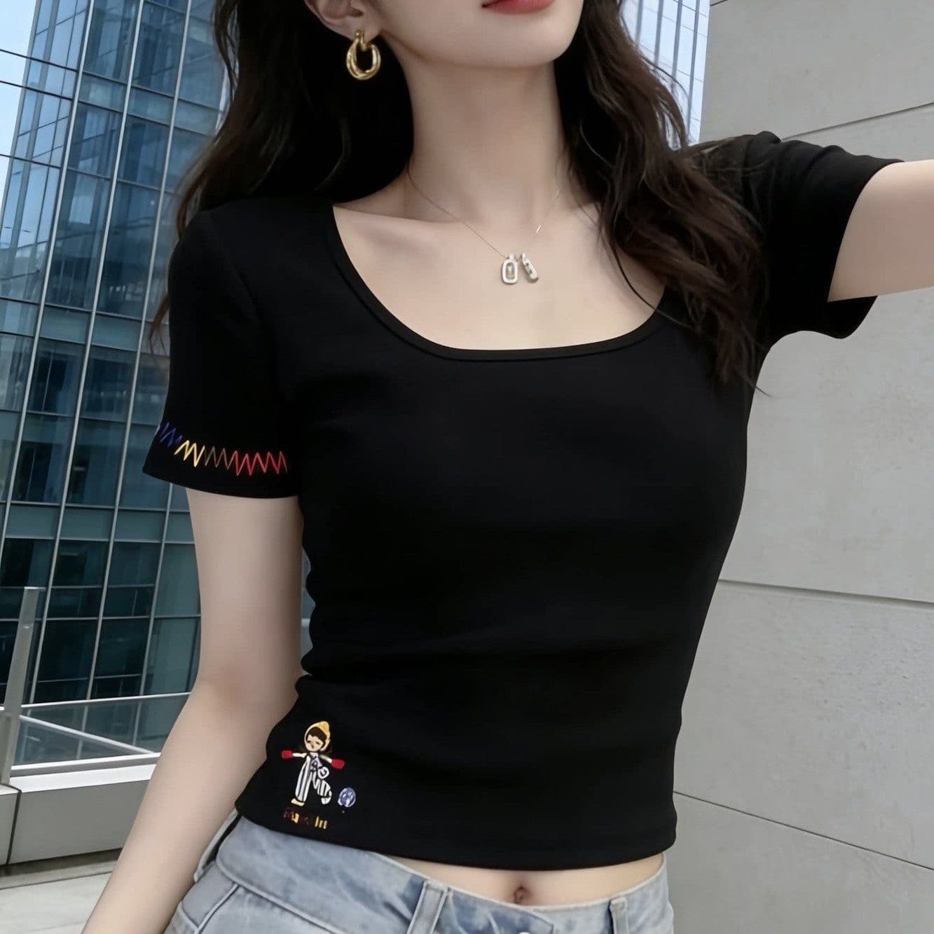 40 순면 210 그램 한 부서 핫걸 u 칼라 티셔츠 여성용 짧은 소매 여름 작은 키 수리 쇼트 스타일 맨위 상세 이미지 1