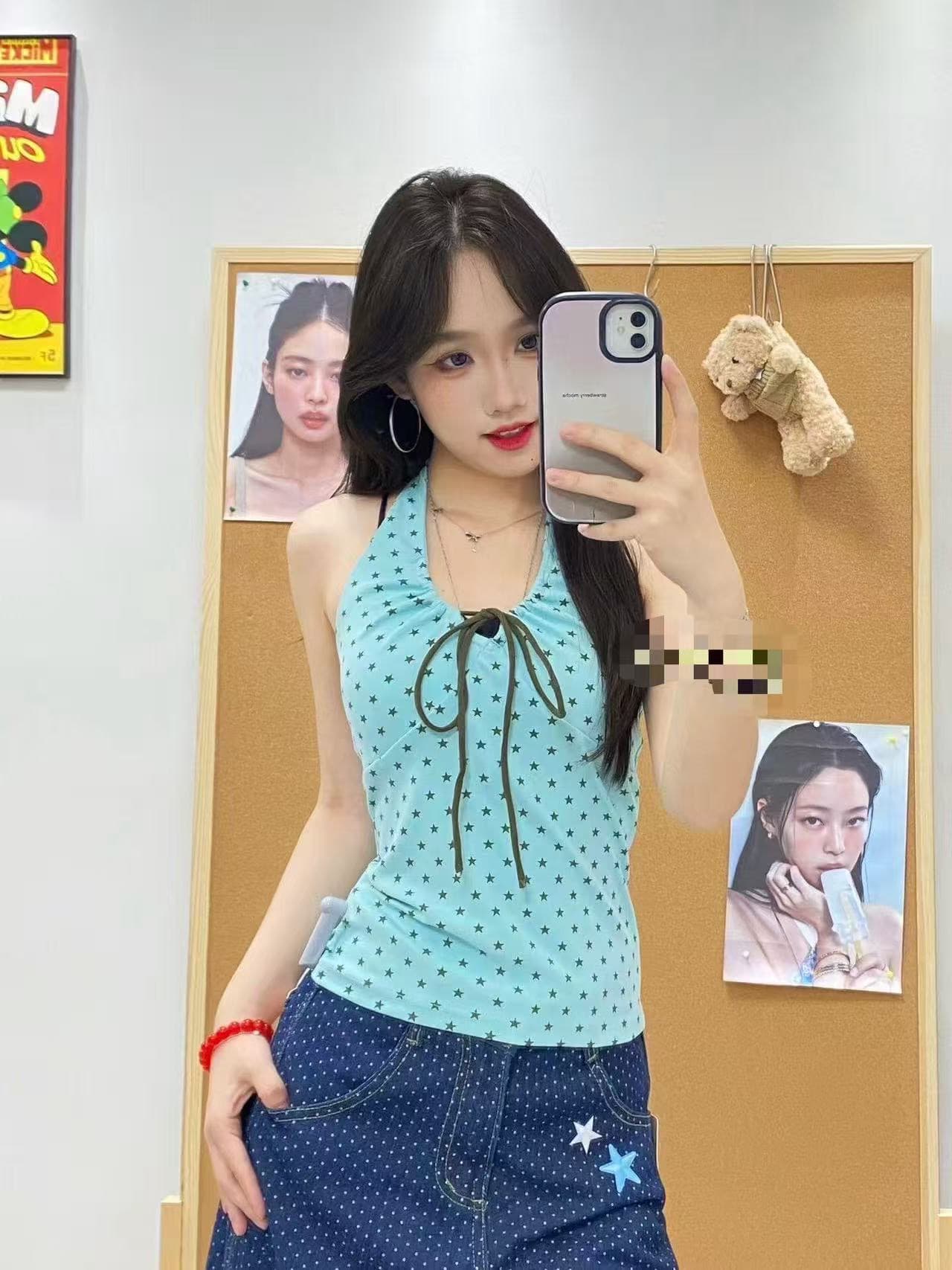210 그램 40 순면 별 프린트 행침 목 V넥 캐미솔 스트랩 몸매 가꾸기 맨위