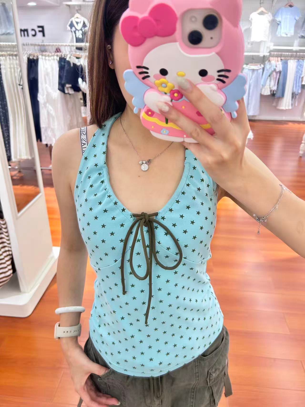 210 그램 40 순면 별 프린트 행침 목 V넥 캐미솔 스트랩 몸매 가꾸기 맨위 상세 이미지 2