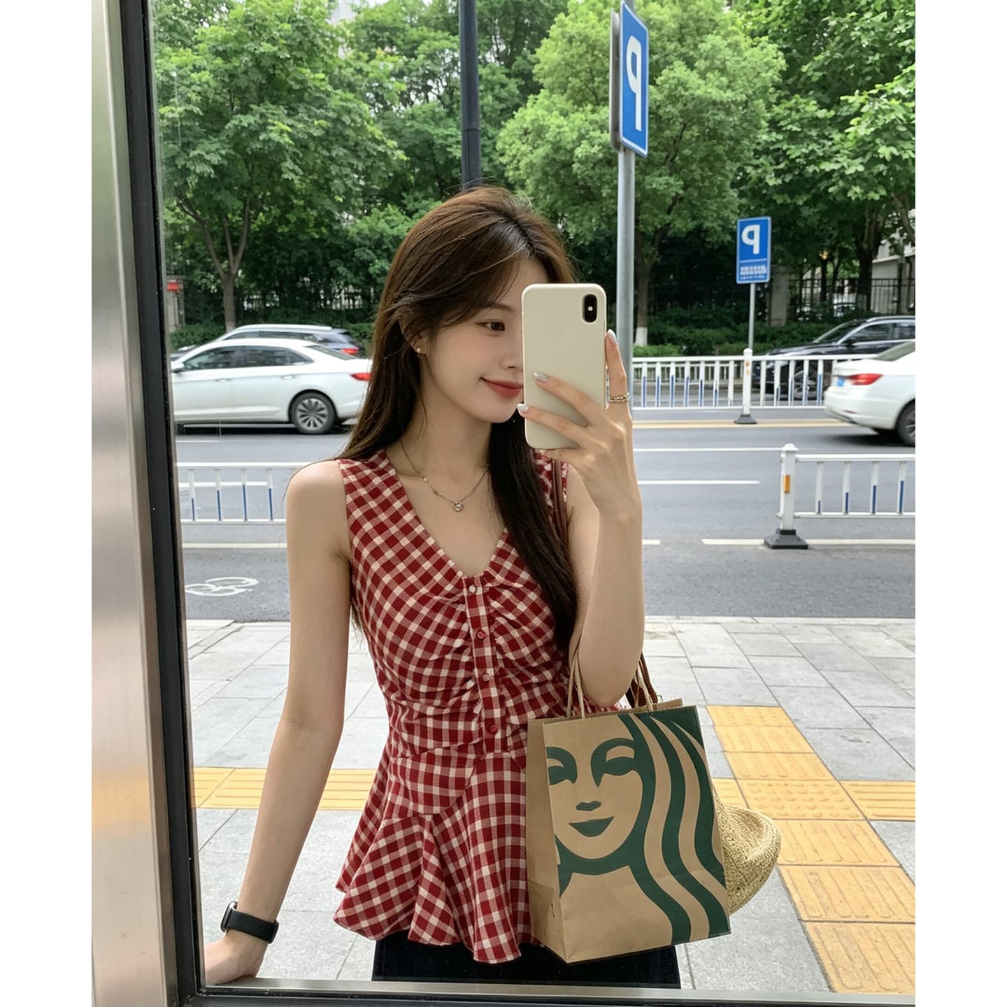 광저우 원본 체크 직물 여름 새로운 프랑스식 레트로 체크무늬 V넥 민소매 조끼 여성 상세 이미지 1