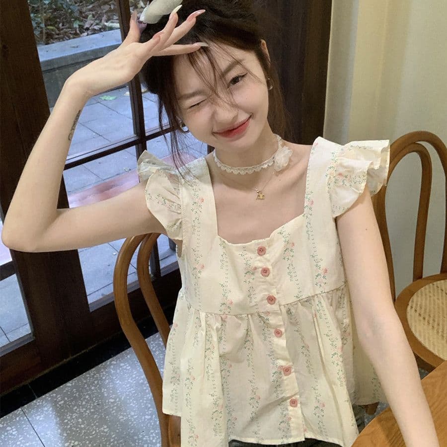 프랑스식 프릴 조끼 작은 Feifei 소매 꽃무늬 작은 슬링 여성 셔츠 여름 쇼트 스타일 인형 셔츠 민소매 맨위 이미지 2