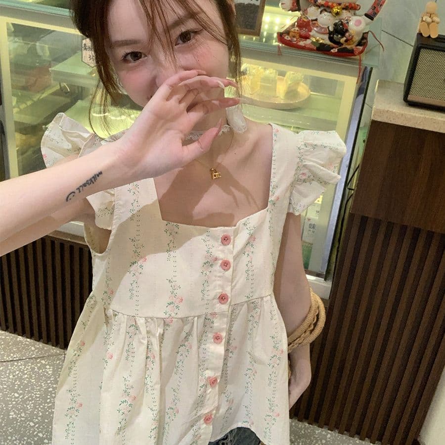 프랑스식 프릴 조끼 작은 Feifei 소매 꽃무늬 작은 슬링 여성 셔츠 여름 쇼트 스타일 인형 셔츠 민소매 맨위 상세 이미지 2
