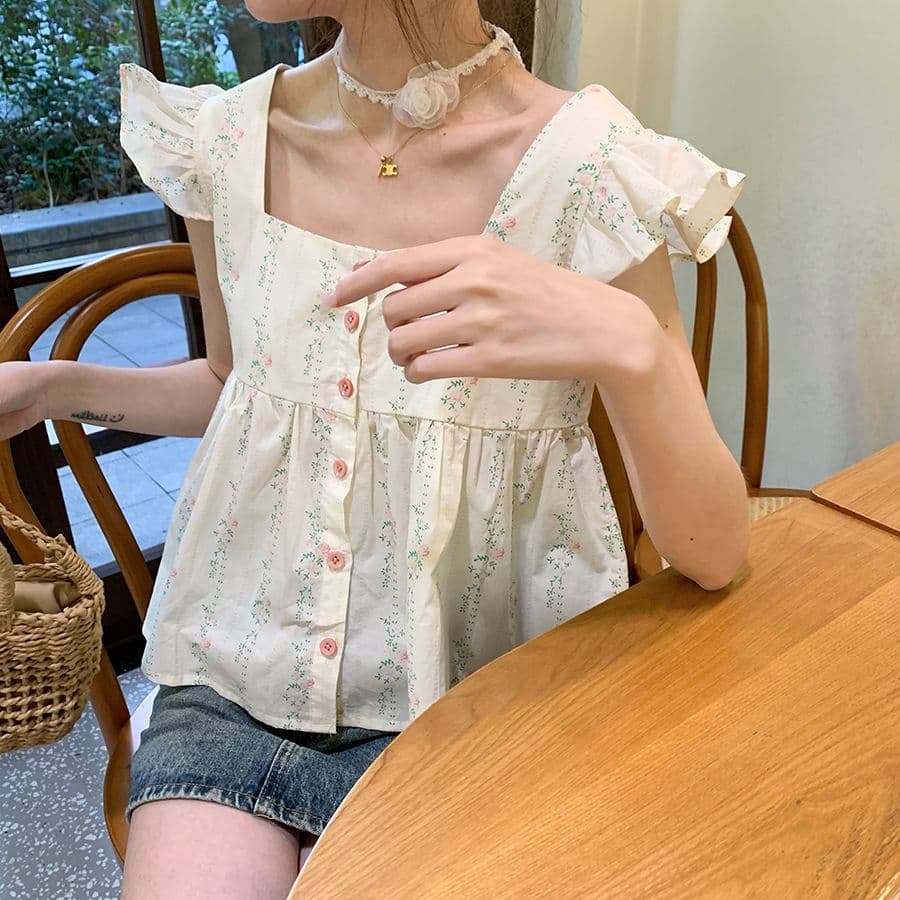 프랑스식 프릴 조끼 작은 Feifei 소매 꽃무늬 작은 슬링 여성 셔츠 여름 쇼트 스타일 인형 셔츠 민소매 맨위 상세 이미지 3