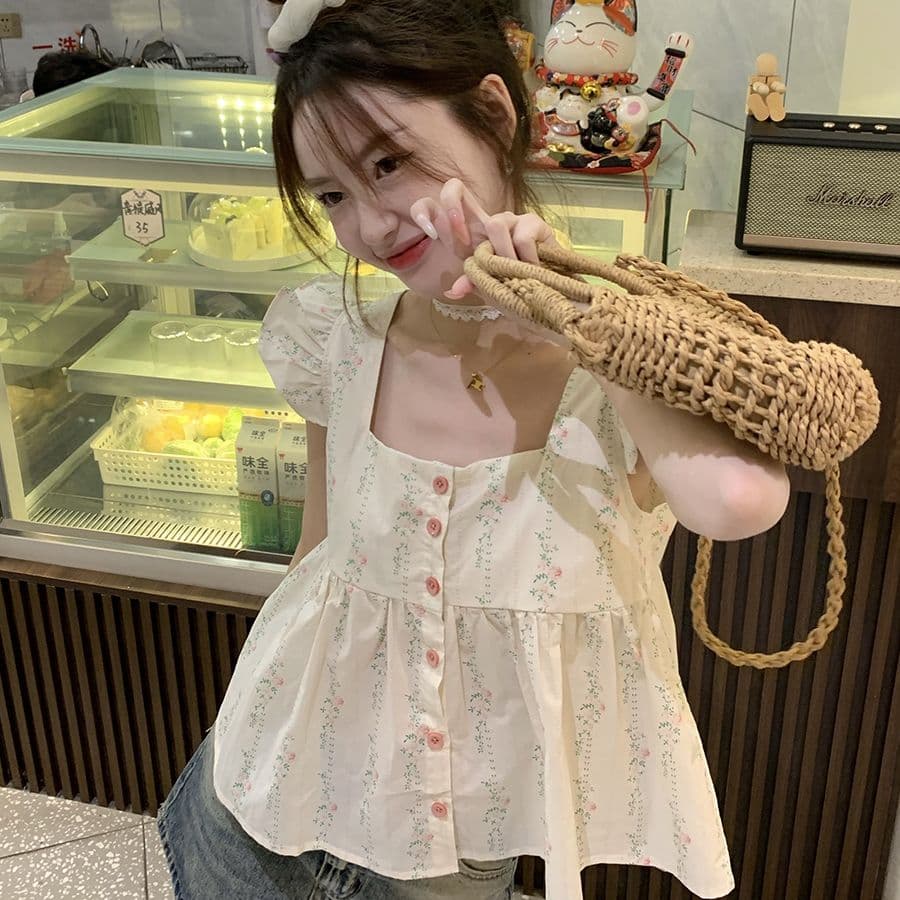 프랑스식 프릴 조끼 작은 Feifei 소매 꽃무늬 작은 슬링 여성 셔츠 여름 쇼트 스타일 인형 셔츠 민소매 맨위 상세 이미지 4