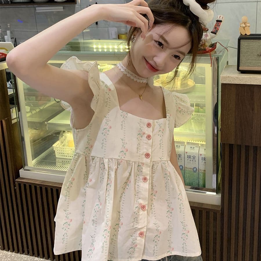 프랑스식 프릴 조끼 작은 Feifei 소매 꽃무늬 작은 슬링 여성 셔츠 여름 쇼트 스타일 인형 셔츠 민소매 맨위 상세 이미지 14