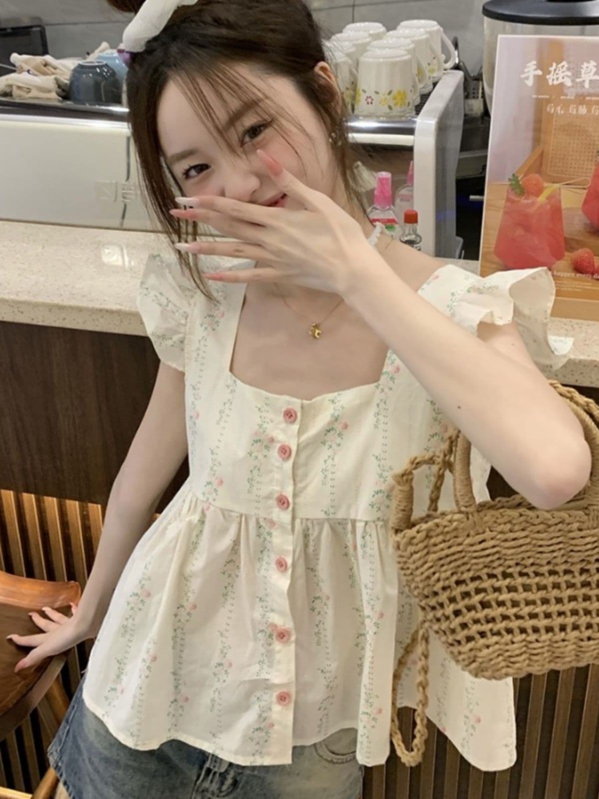 프랑스식 프릴 조끼 작은 Feifei 소매 꽃무늬 작은 슬링 여성 셔츠 여름 쇼트 스타일 인형 셔츠 민소매 맨위 상세 이미지 15
