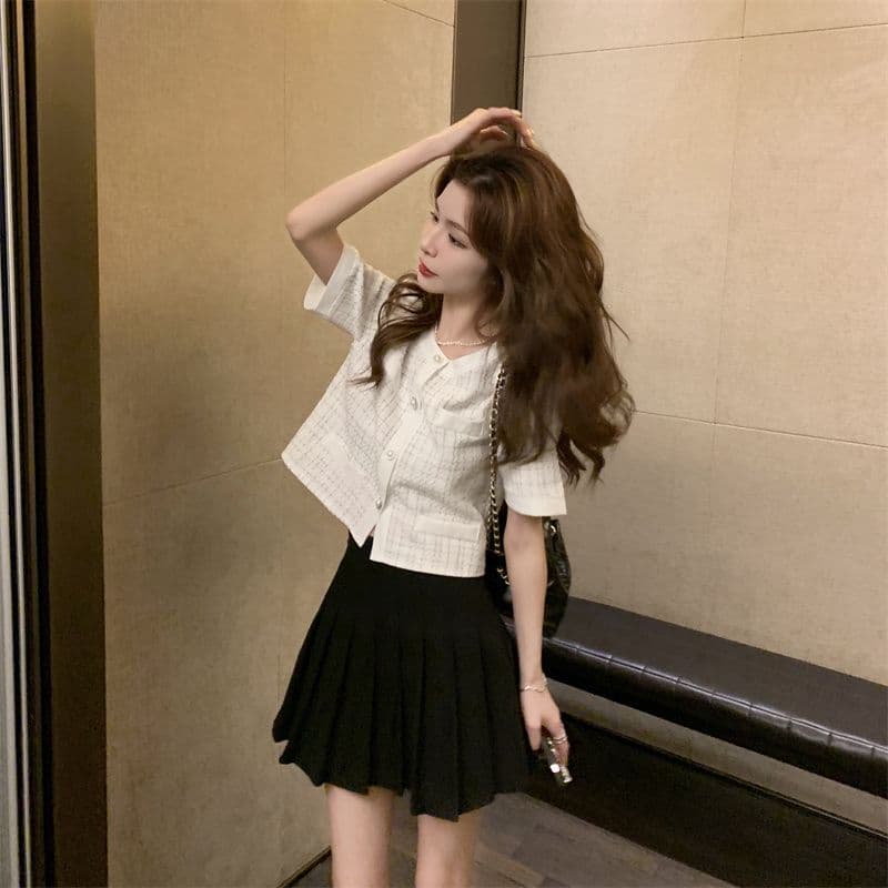 여름 드레스 2026 작은 샤넬 스타일 품격 검정색 쇼트 스타일 재킷 새로운 디자인 센스 작은 대중 chic 체크무늬 맨위 여성 트렌디 이미지 4