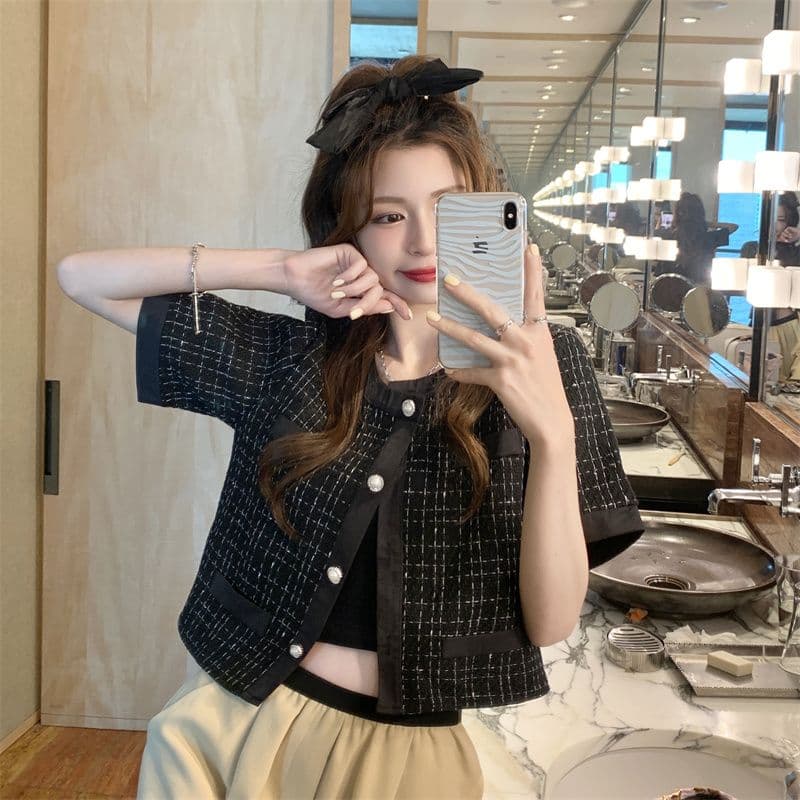 여름 드레스 2026 작은 샤넬 스타일 품격 검정색 쇼트 스타일 재킷 새로운 디자인 센스 작은 대중 chic 체크무늬 맨위 여성 트렌디 상세 이미지 4