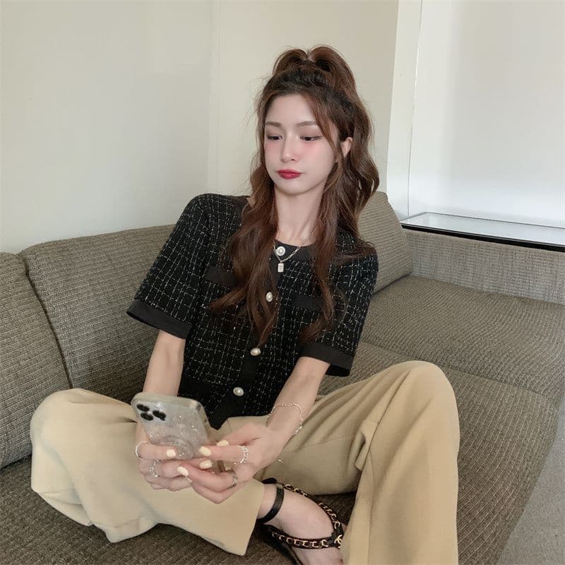 여름 드레스 2026 작은 샤넬 스타일 품격 검정색 쇼트 스타일 재킷 새로운 디자인 센스 작은 대중 chic 체크무늬 맨위 여성 트렌디 상세 이미지 7