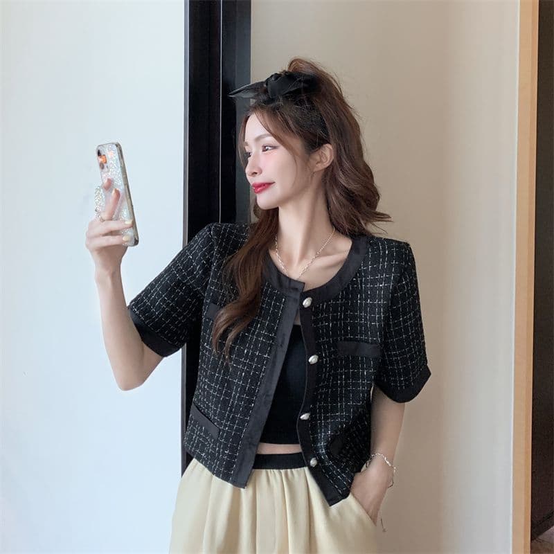여름 드레스 2026 작은 샤넬 스타일 품격 검정색 쇼트 스타일 재킷 새로운 디자인 센스 작은 대중 chic 체크무늬 맨위 여성 트렌디 상세 이미지 20