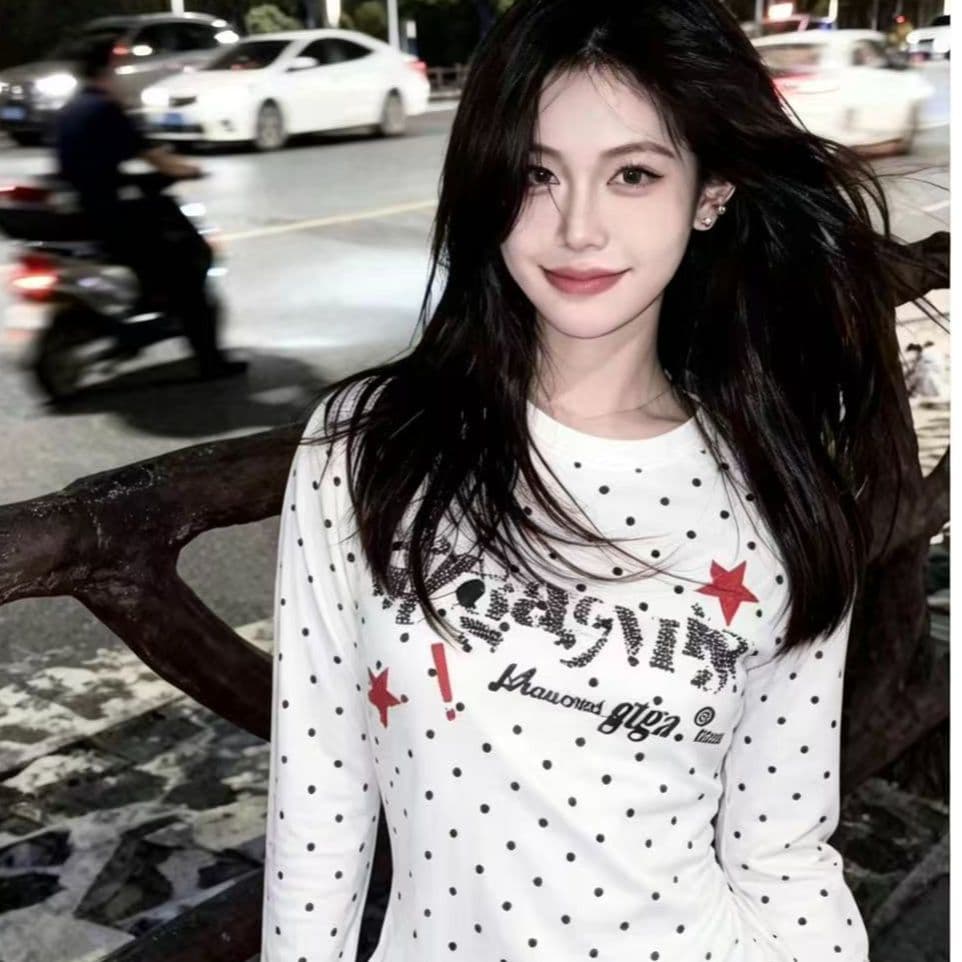 220 그램 40 빗질하다 92 면 8 암모니아 Lun 프린트 도트 무늬 몸매 가꾸기 긴팔 티셔츠 여성