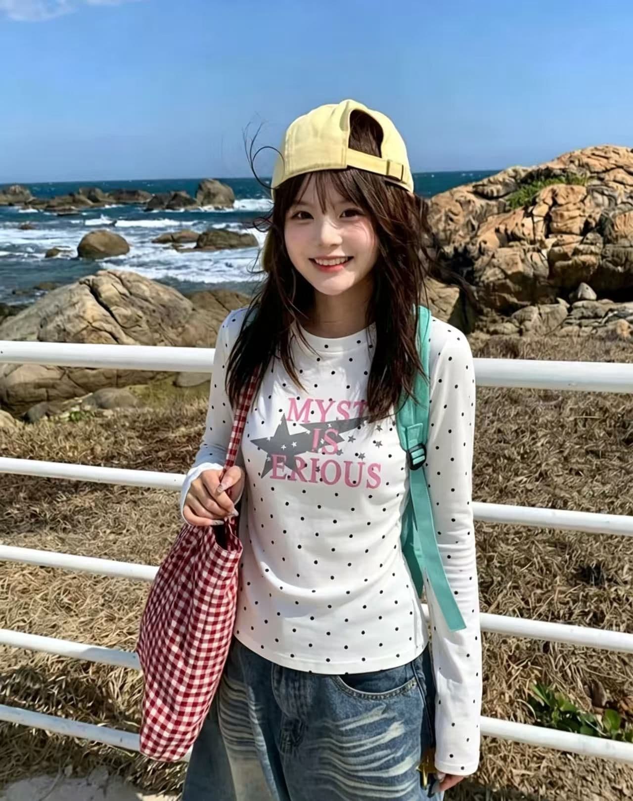 220 그램 40 빗질하다 92 면 8 암모니아 Lun 프린트 도트 무늬 몸매 가꾸기 긴팔 티셔츠 여성 이미지 3