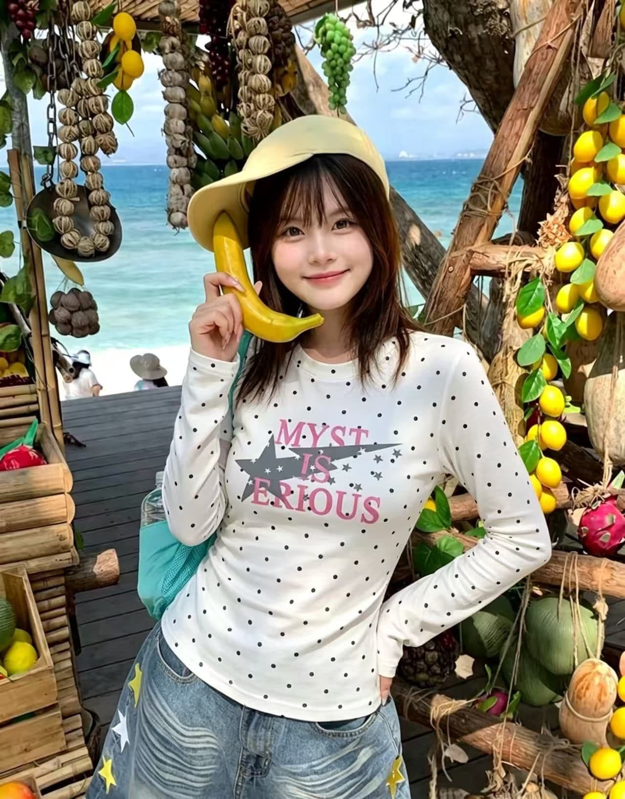 220 그램 40 빗질하다 92 면 8 암모니아 Lun 프린트 도트 무늬 몸매 가꾸기 긴팔 티셔츠 여성 상세 이미지 1