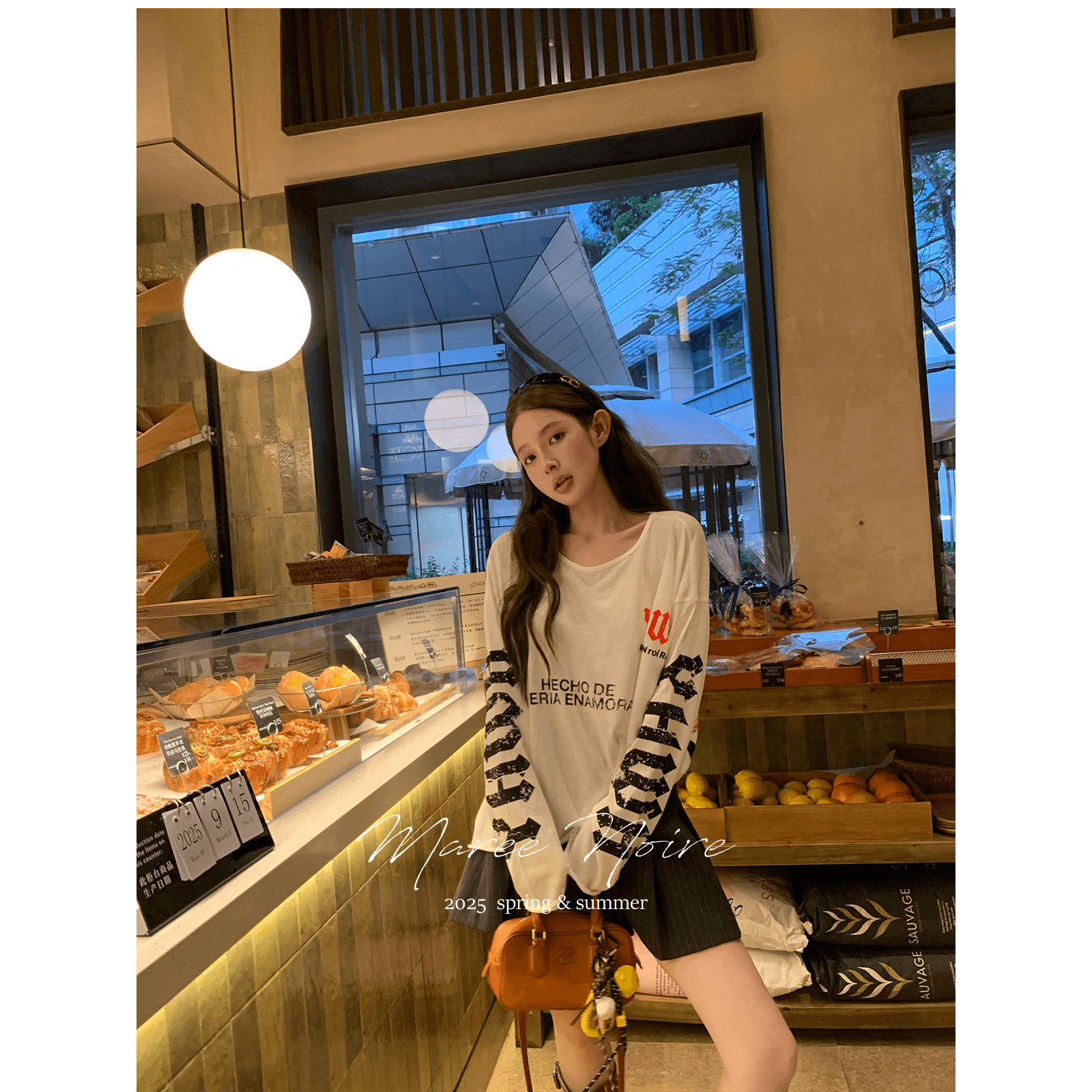 웜 천 폴리에스터 새로운 한국 스타일 긴팔 맨위 티셔츠 얇고 가벼운 여성 알파벳 프린트 화이트 맨위 여성 이미지 5
