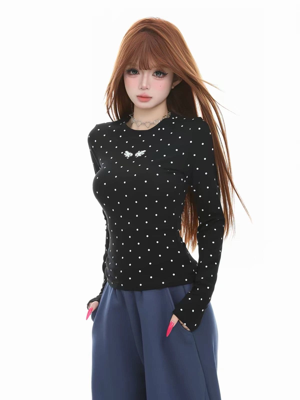 220 그램 40 빗질하다 92 면 8 암모니아 Lun 프린트 도트 무늬 몸매 가꾸기 긴팔 티셔츠 여성 이미지 2